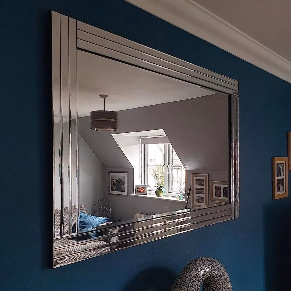 Agenzia 14 Large Venetian Art Deco Triple Glass Framed Wall Mirror in Silver, W: 120 cm, H: 80 cm – 7