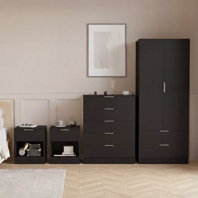 Vida Designs Trega 4 Piece Modern Black Bedroom Set including Wardrobe, Chest of Drawers and Nightstand