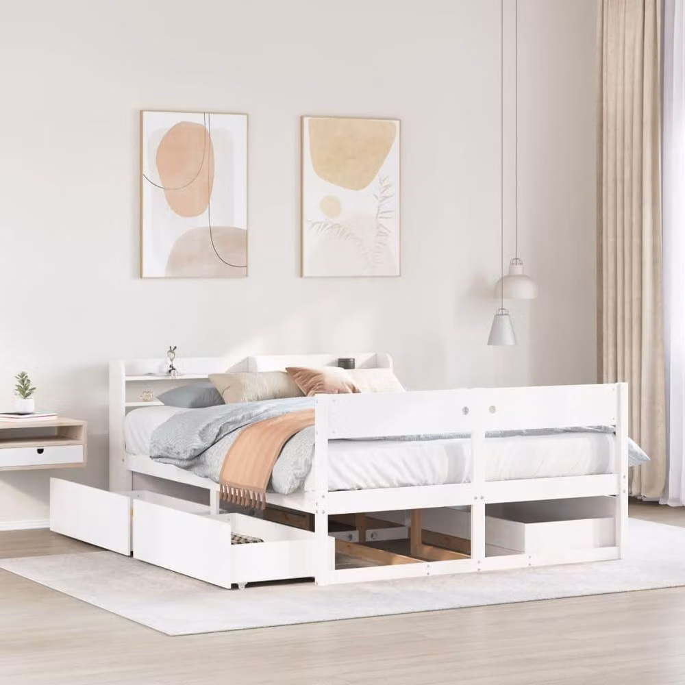 Berkfield Home White Solid Wood Pine Bed Frame W/D/H: 140 x 190 cm
