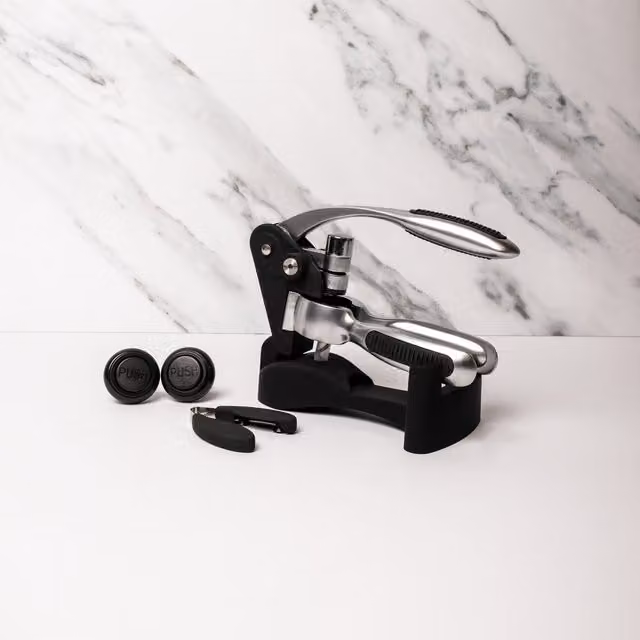 Barcraft 4-Piece Black Stainless Steel Wine Set with Lever Corkscrew, 2 Vacuum Stoppers and Twist Foil Cutter