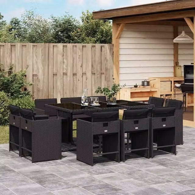 Berkfield Home Garden Extendable Rectangular Dining Set in Black PE Rattan with Glass Top