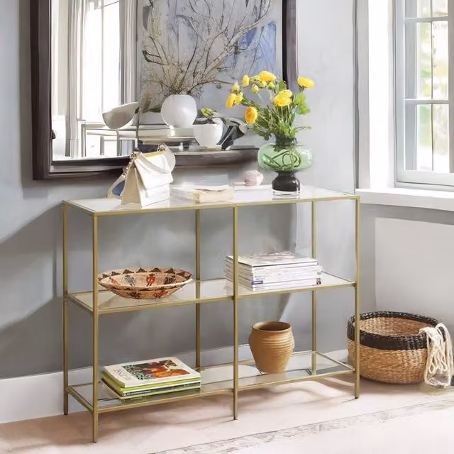 Rafaelo Mobilia Industrial Hallway Table with 3 Tempered Glass Shelves in Gold, W/D/H: 73 x 30 x 30 cm