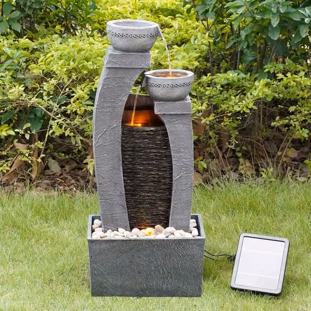 Teamson Home Solar Powered 2 Tier Cascade Outdoor Garden Water Fountain with LED Lights in Grey and Black, H 76.2 cm