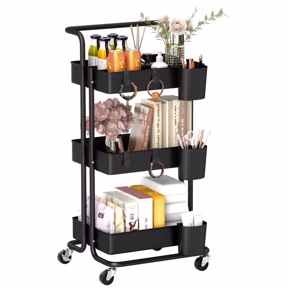 Wyld Haus Nirelu 3 Tier Black Metal Home Trolley with Handle and Lockable Wheels W/D/H: 38.0 x 42.0 x 86.5 cm – 2