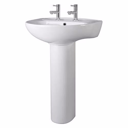Nuie CML003 Modern Ceramic 2 Tap Hole Oval Basin with Full Pedestal, White, W: 55.0 cm, D: 47.5 cm, H: 84.0 cm