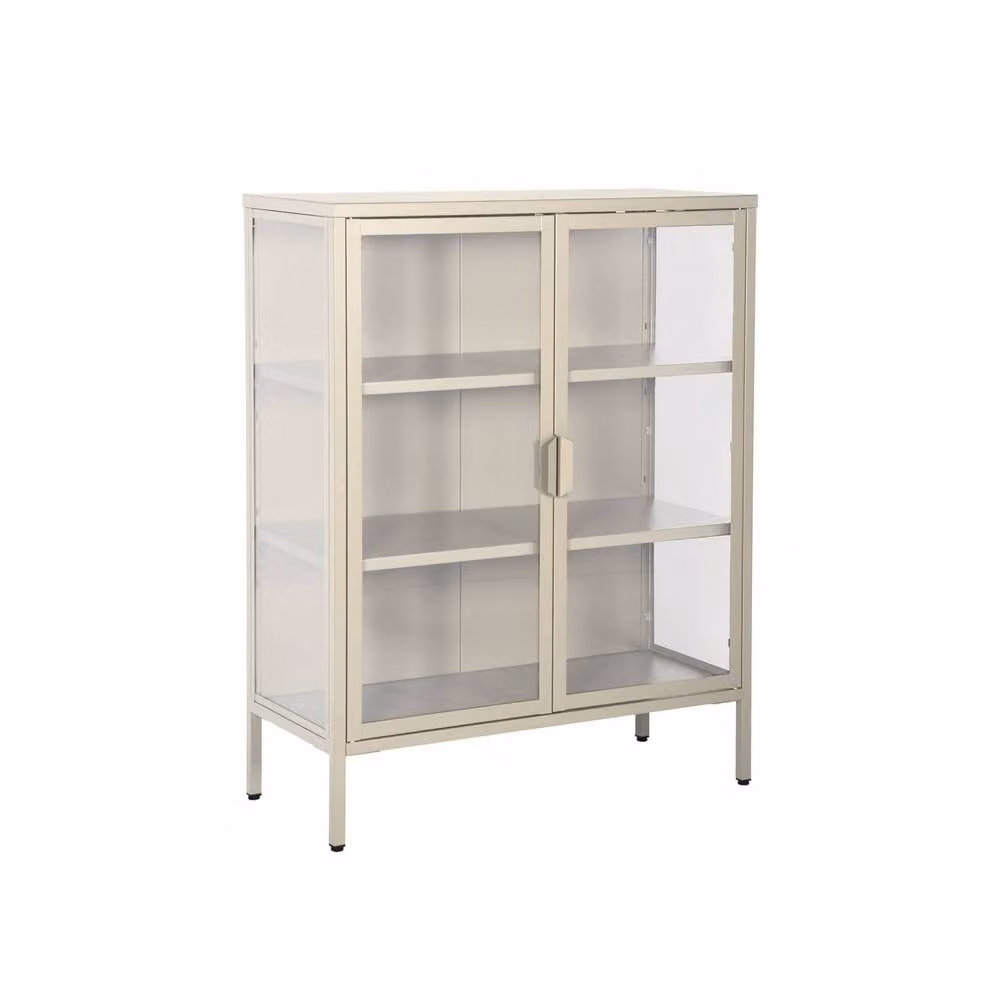 sweeek Industrial Steel and Tempered Glass Display Cabinet with 2 Doors in Beige – 2