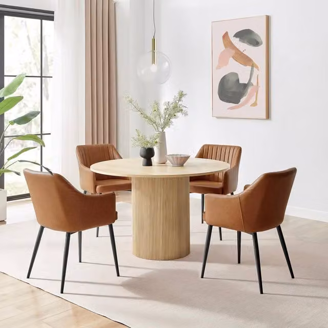FurnitureboxUK Penrose Oak Effect Round Dining Table and 4 Calla Faux Leather Chairs in Tan, Diameter: 120 cm