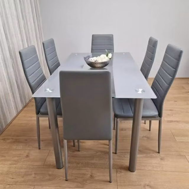 KOSY KOALA Modern Grey Glass Rectangular Dining Table Set with 6 Striped Chairs