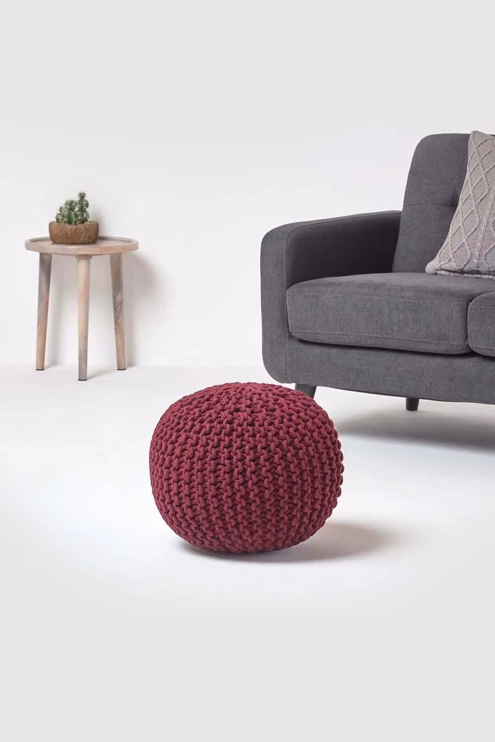 Homescapes Round Cotton Knitted Pouffe Footstool in Purple – 2
