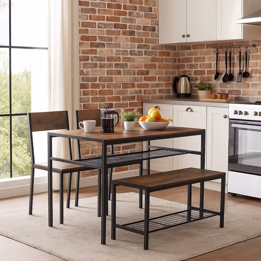 EONLION 4 Piece Industrial Dining Set with Rectangular Table and Metal Frame in Brown – 2