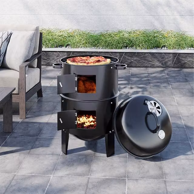 Breeins Black Tabletop Vertical Charcoal Smoker BBQ Grill