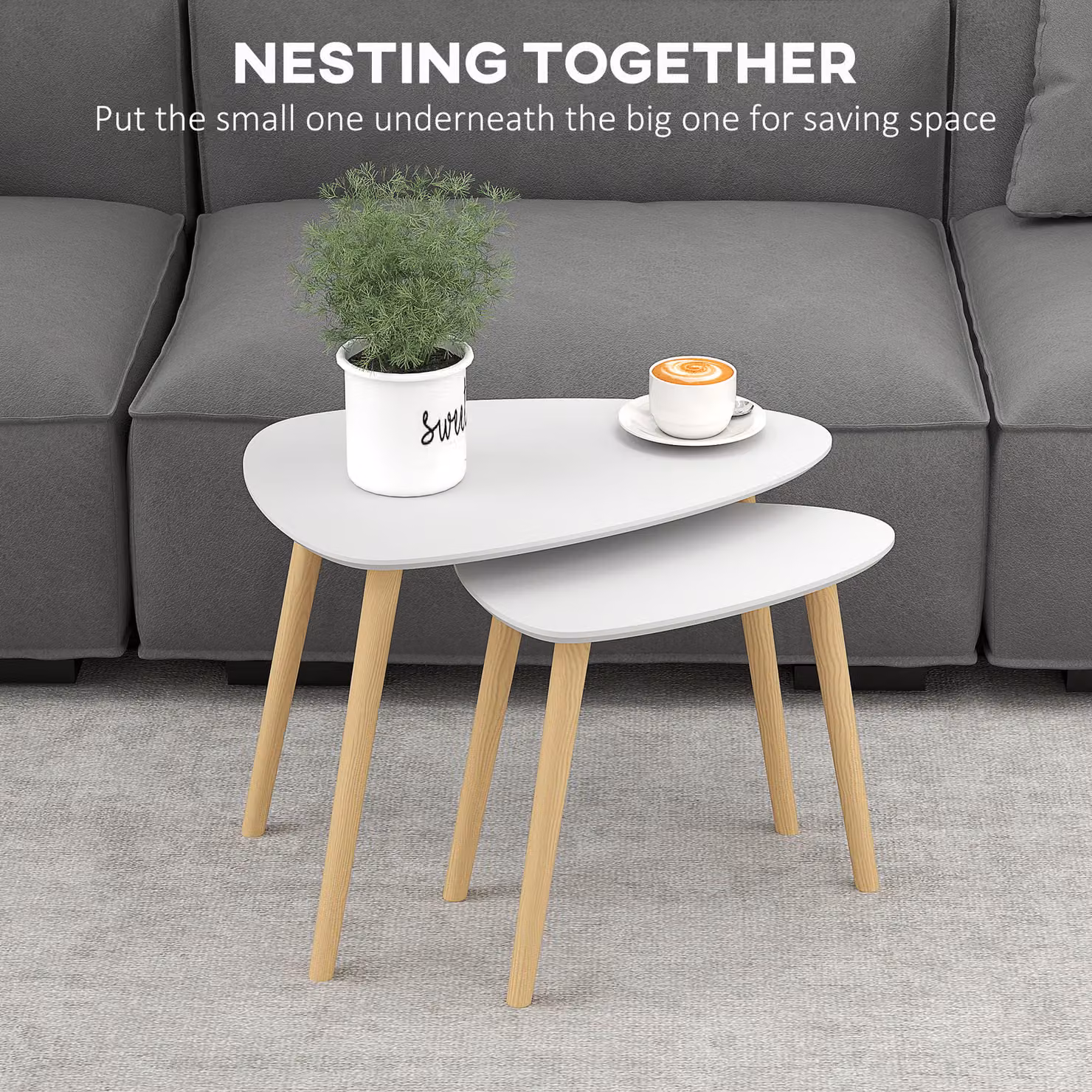 HOMCOM Nesting Coffee Table Set of 2, Round Stacking Side Tables with Solid Wood Legs in Light Grey – 3