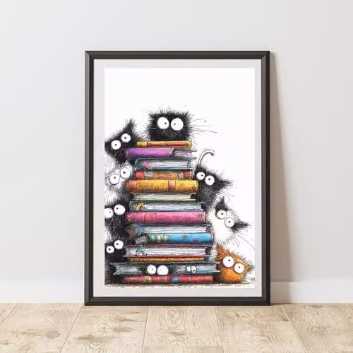 60 SECOND MAKEOVER Peeking Cat Books Print Poster, Black and Multicolour, A4