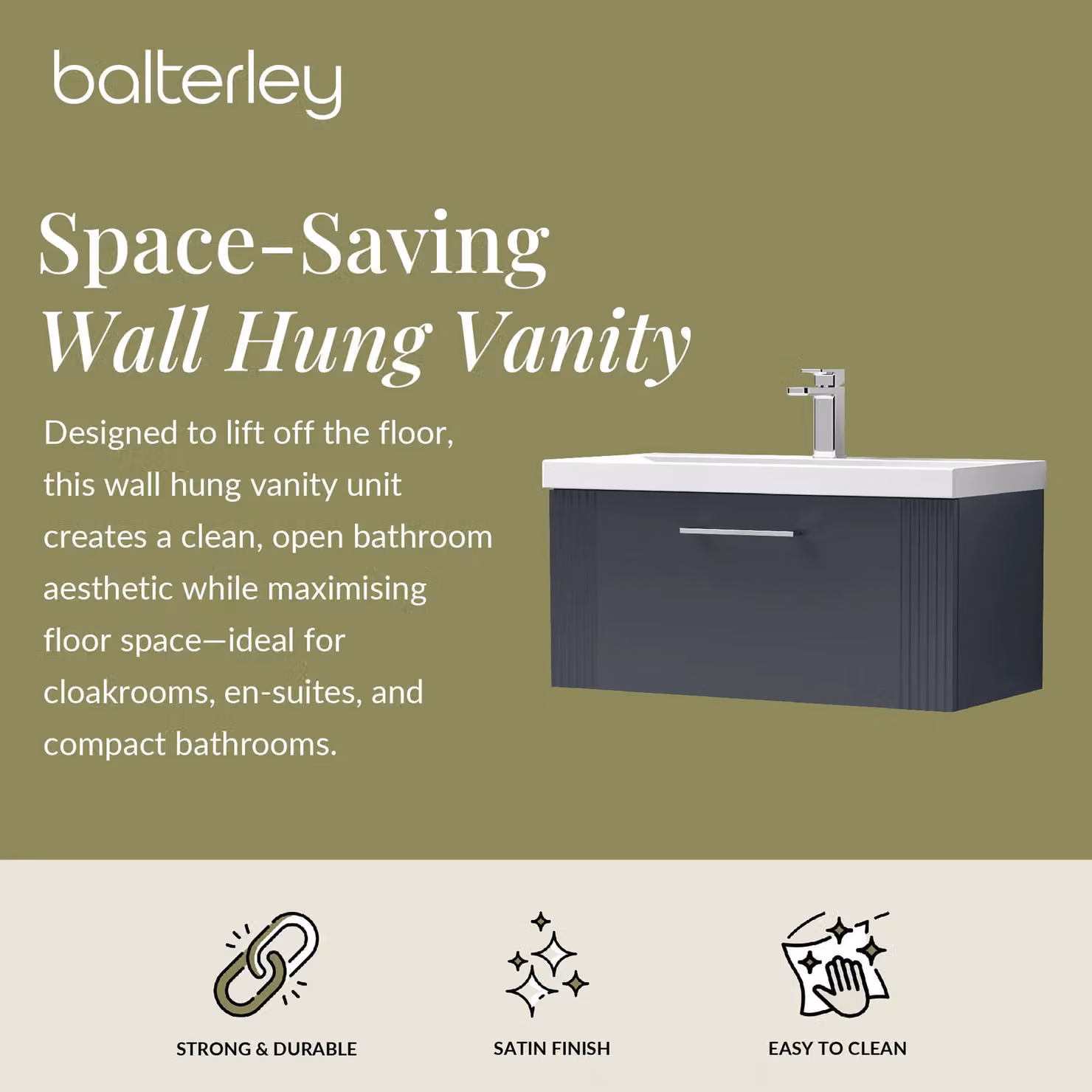 Balterley Wall Hung 1 Drawer Vanity Unit with Mid-Edge Basin, Satin Dark Grey, Width: 80 cm – 2