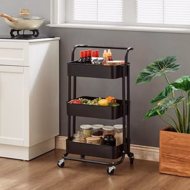 House of Home 3 Tier Metal Storage Cart on Wheels in Black – 1