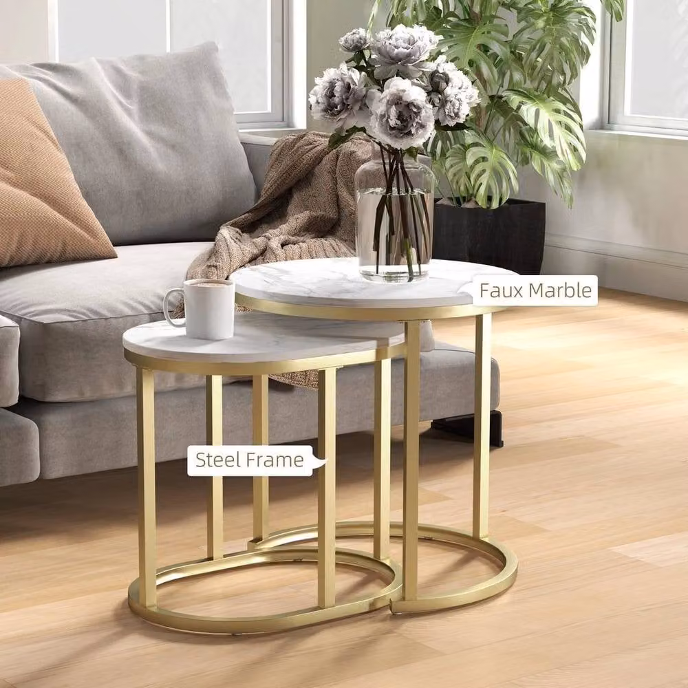 Kelvenix Modern Round Nest of 2 Coffee Tables in White with Metal Sled Base – 3