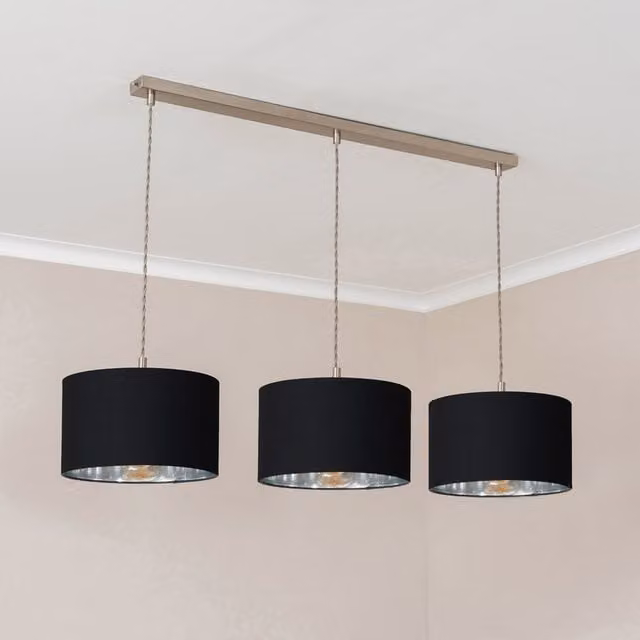 ValueLights Reni 3 Drop Bar Metallic Shade Pendant Ceiling Light in Brushed Chrome and Black