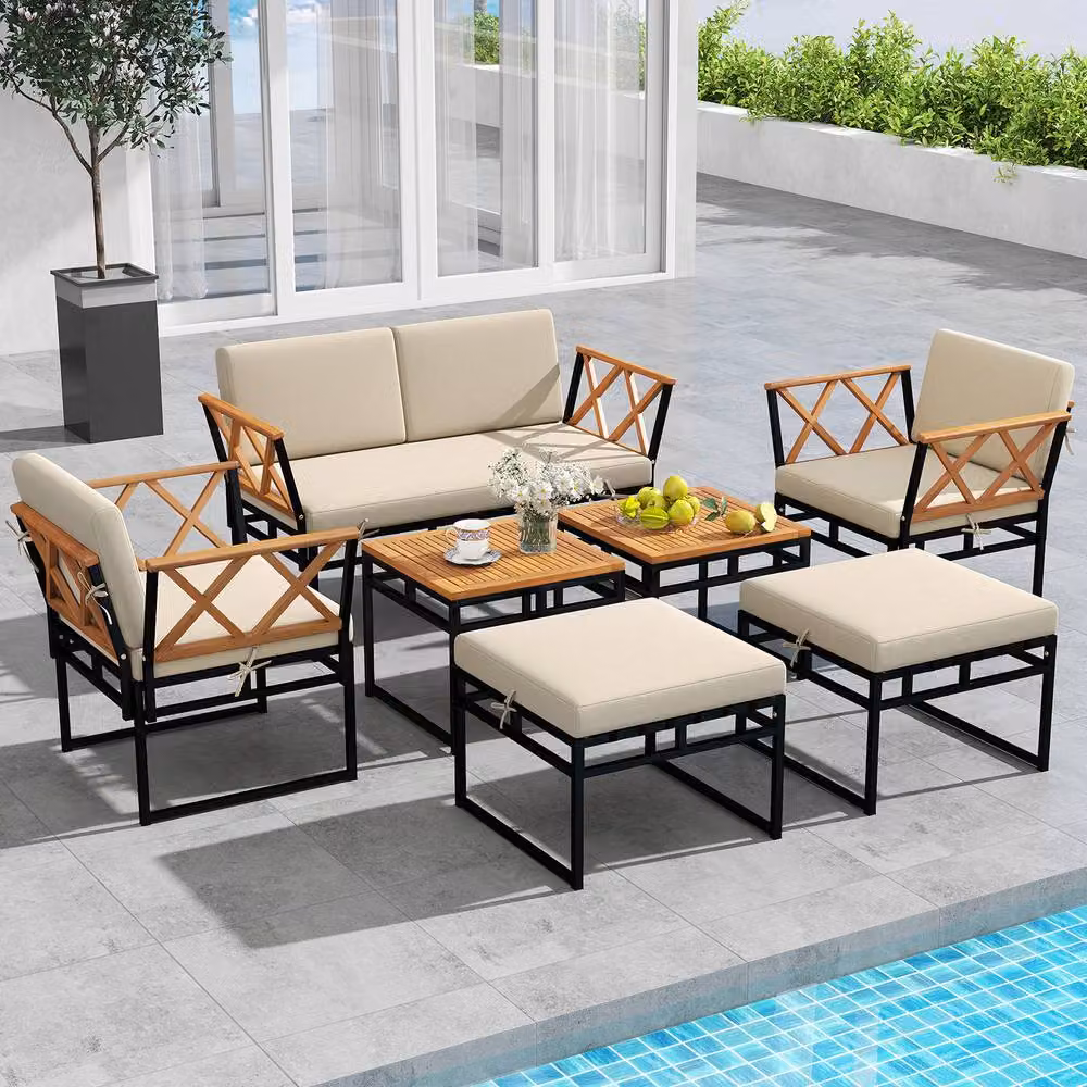 Costway 7 Piece L-Shape Outdoor Conversation Set with Metal Frame and Beige Upholstered Cushions – 5