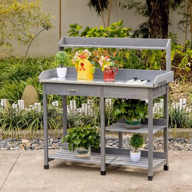 OUTSUNNY Garden Potting Table Workstation with Metal Tabletop and Shelves in Grey, W/D/H: 121.0 x 115.0 x 0 cm – 1