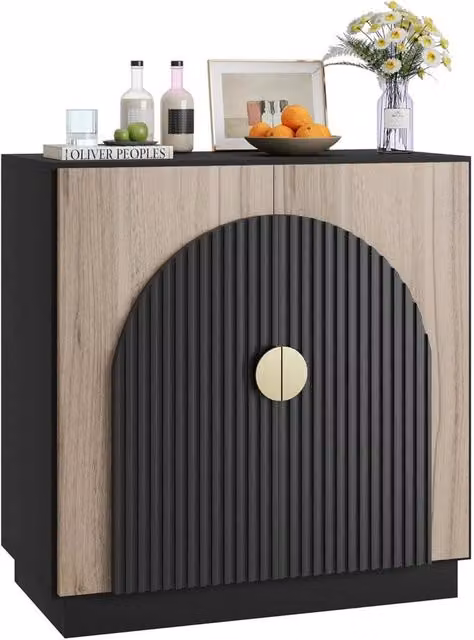 KORVIXA Mid-Century Buffet Cabinet with Fluted Arched Doors and Gold Details, Multicolour Wood and Glass Sideboard