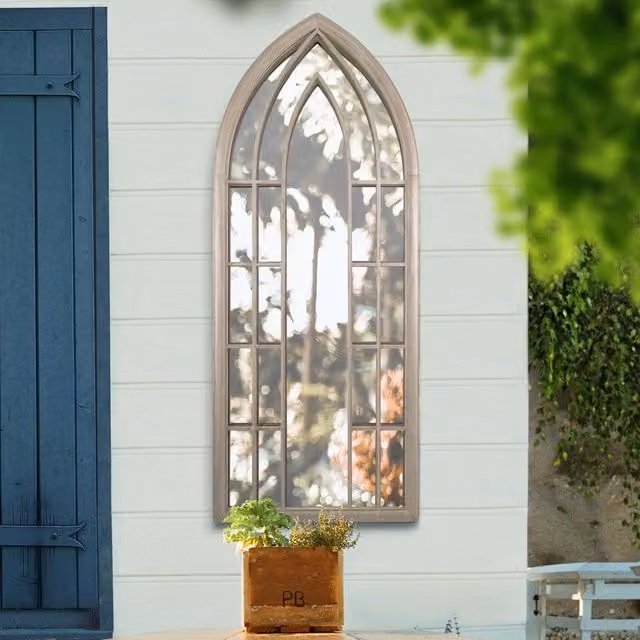 MirrorOutlet Capulet Large Gothic Arch Garden Wall Mirror, Stone, H 150 cm x W 61 cm