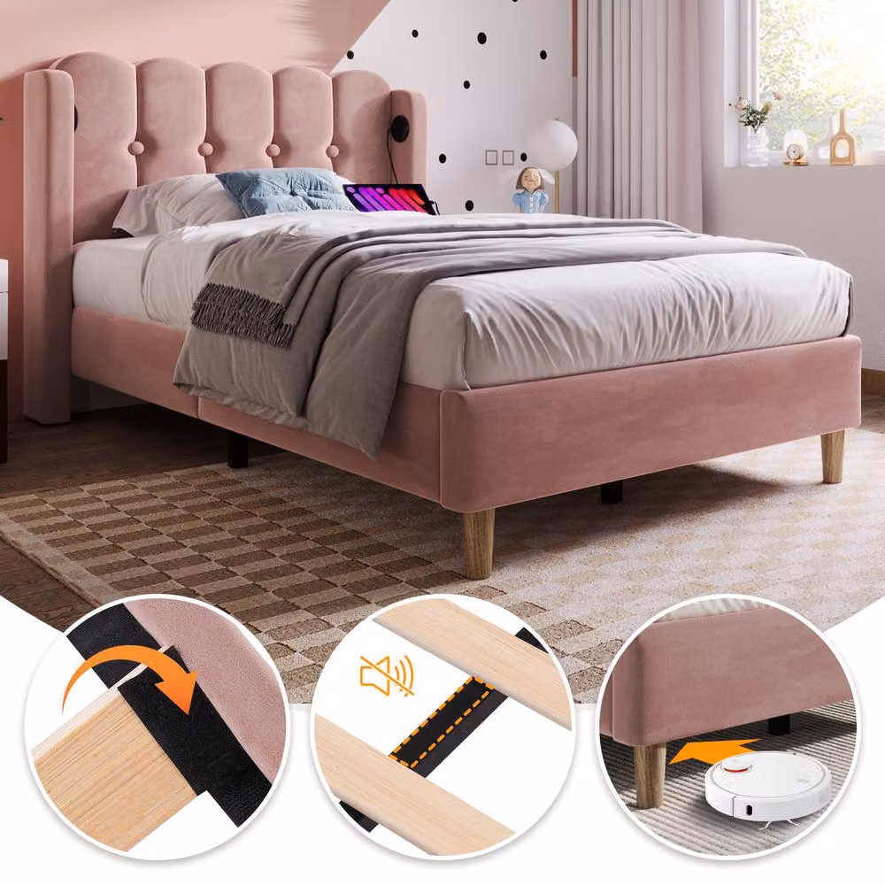 Merax 3ft Single Upholstered Velvet Bed Frame with Wingback and USB Charging Station, Pink, W/D/H: 90 x 190 x 103 cm – 3
