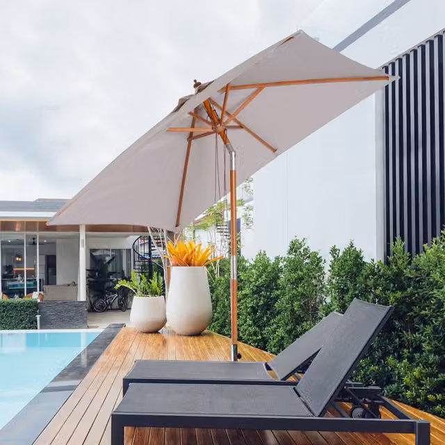 Outsunny Grey Wooden Market Parasol with Bamboo and Polyester Canopy