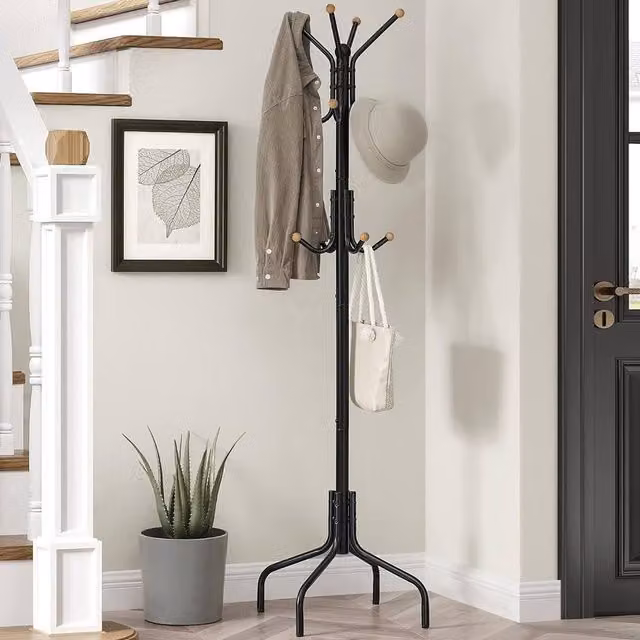 The Bazaarist Metal Coat Rack with 12 Hooks and 4 Leg Stand, Black