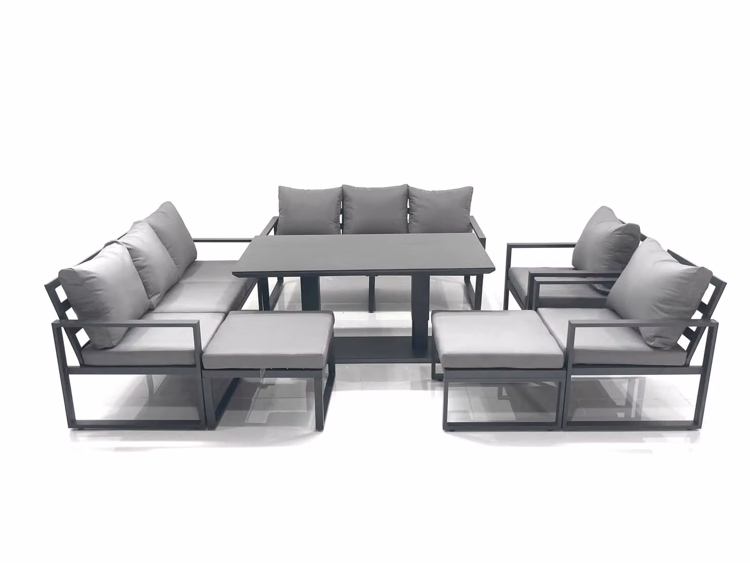 Fimous Dark Grey Aluminium Garden Sofa Set with Height Adjustable Dining Table, 2 Chairs and 2 Footstools – 2