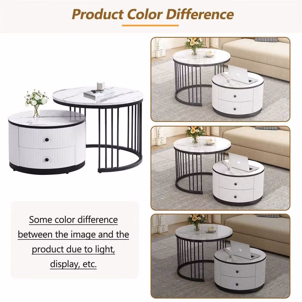ERGOVEXA Set of 2 Round Marble Effect Nesting Tables in White – 2
