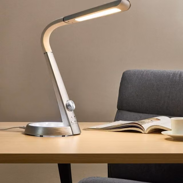 Wyld and Coco Silver LED Desk Lamp with Adjustable Shade, 3 CCT Modes, Dimmer and USB Port, W/D/H: 17.0 x 17.0 x 65.0 cm
