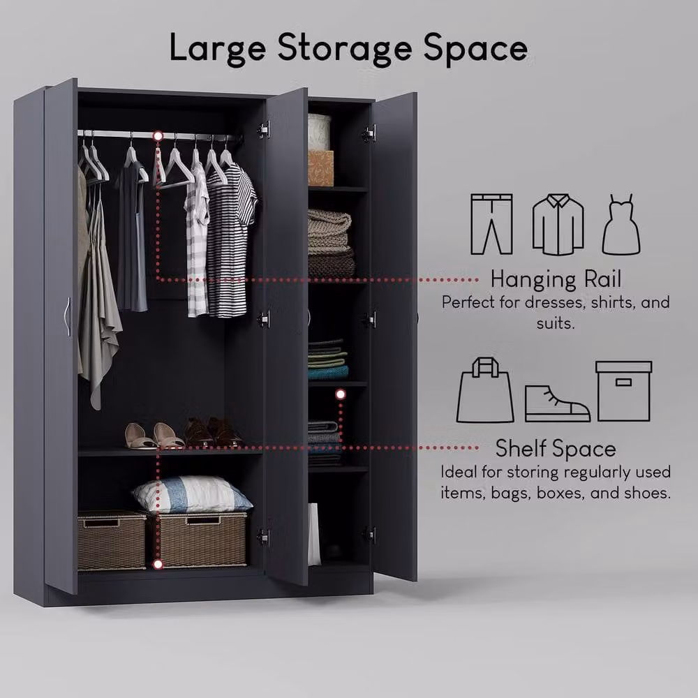 HD Designs Riano 3 Door Wardrobe in Grey with Hanging Rod and Internal Shelves – 4