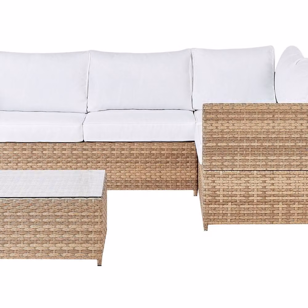 Wyld and Coco Left Hand L Shaped Corner Sofa Set in White PE Rattan with Fabric Cushions – 2