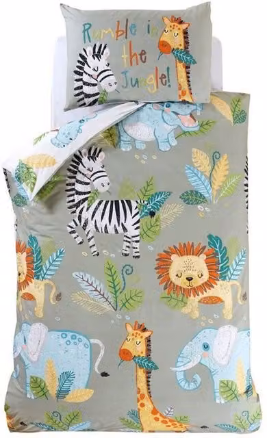 Rapport Rumble In The Jungle Reversible Duvet Cover and Pillowcase Set, Multicolour, W: 90 cm x L: 190 cm