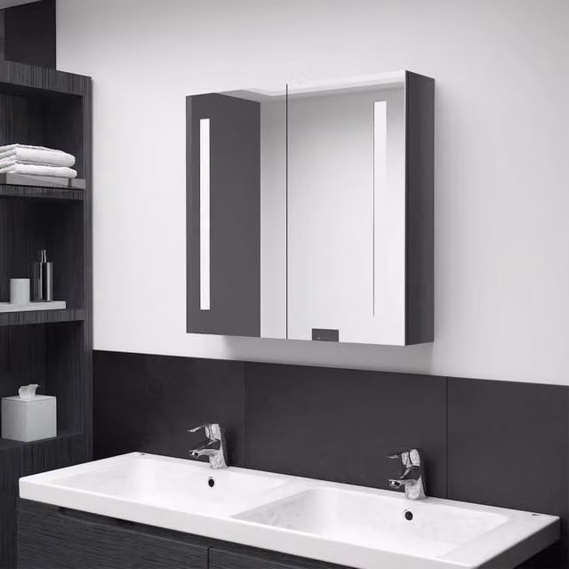 Berkfield Home LED Bathroom Mirror Cabinet in Glossy Grey, W/D/H: 62 x 14 x 60 cm