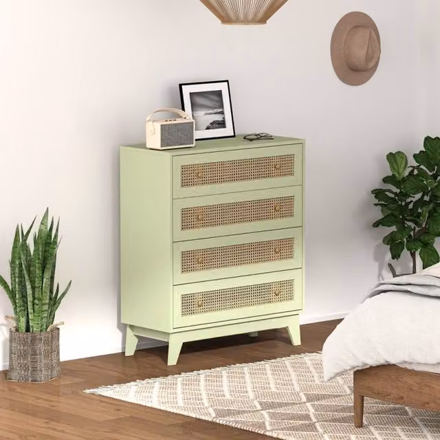 STILVORA 4-Drawer Chest of Drawers with Rattan Panels in Green – 1