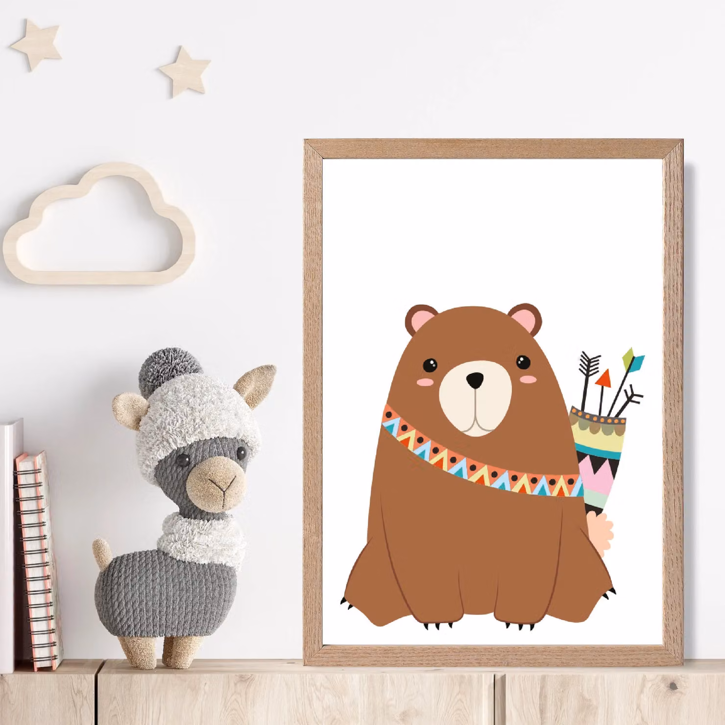 ARTZE Bear Tribal Animal Framed Print, Brown Oak Wood, W/H: 21.0 x 29.7 cm – 2
