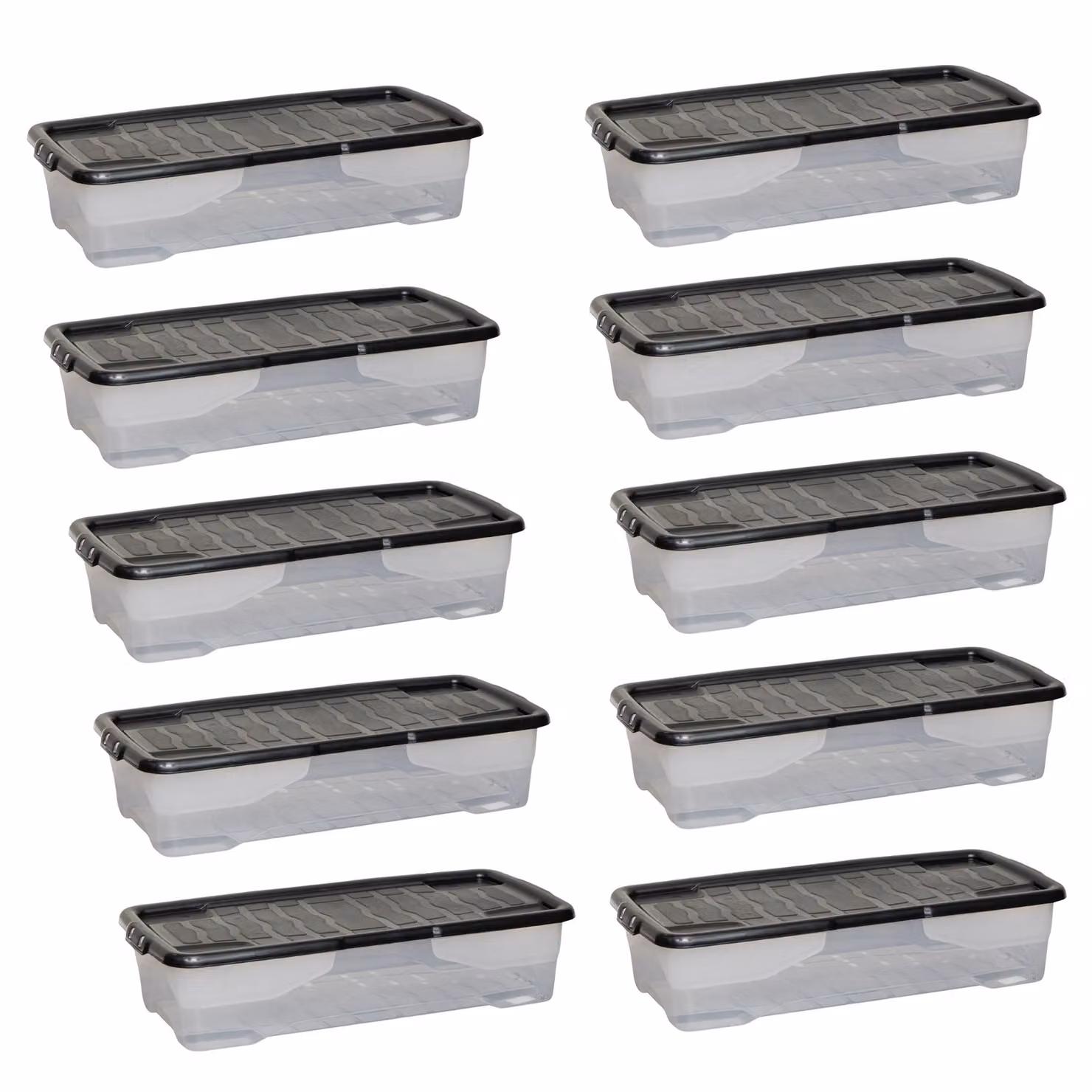 Samuel Alexander 10 Pack of 42L Clear Stackable and Nestable Under Bed Storage Boxes with Black Lid – 5