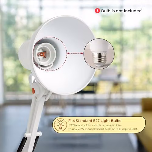 Innoteck Swing Arm Desk Lamp in White, Adjustable Metal Architect-Style Task Lamp with E27 Socket and Stable Base – 5