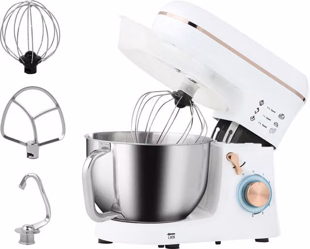 HOMCOM 1400W Electric Food Mixer in White with 5L Stainless Steel Bowl, 6 Speeds and Pulse Setting