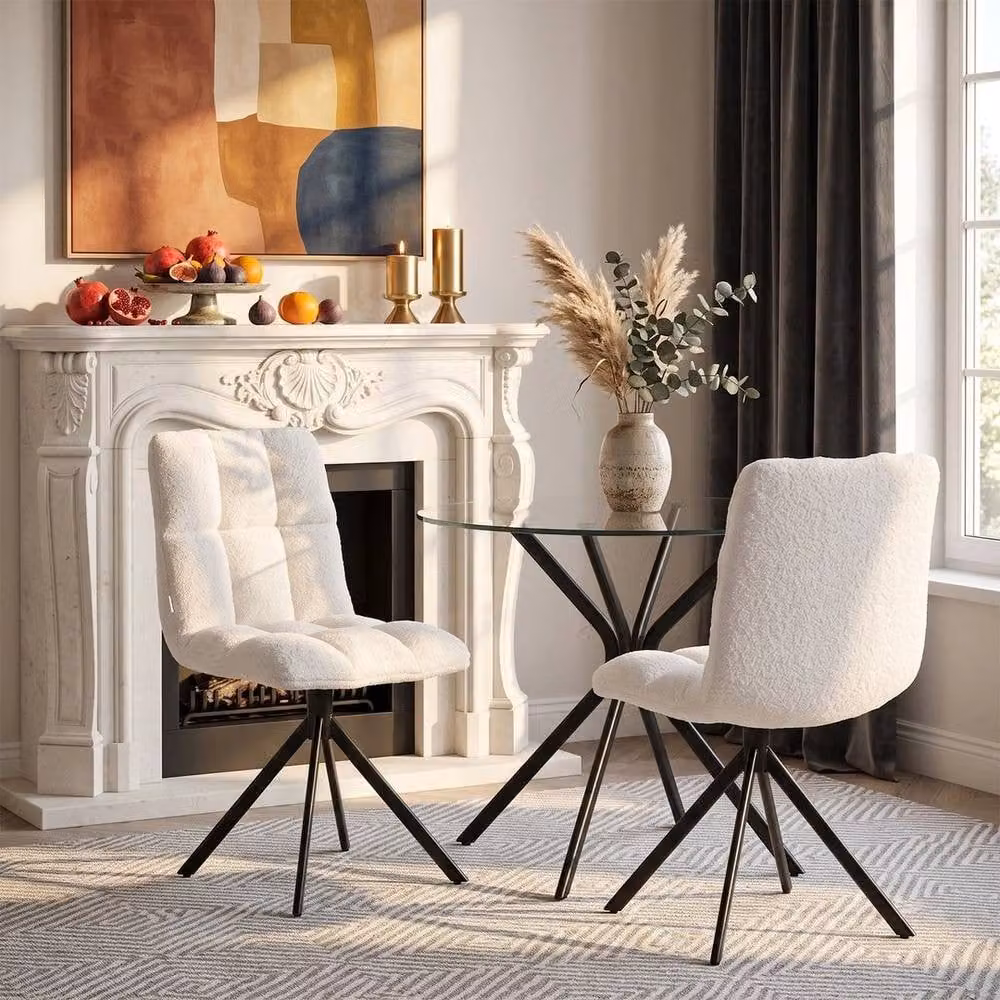 KORVIXA Set of 2 White Bouclé Swivel Makeup and Task Chairs with Soft Cushions and Metal Base – 3
