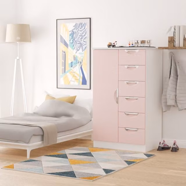2 U Holborn Ready Assembled Kids Robe with 1 Door and 5 Drawers in Dusty Pink – 1