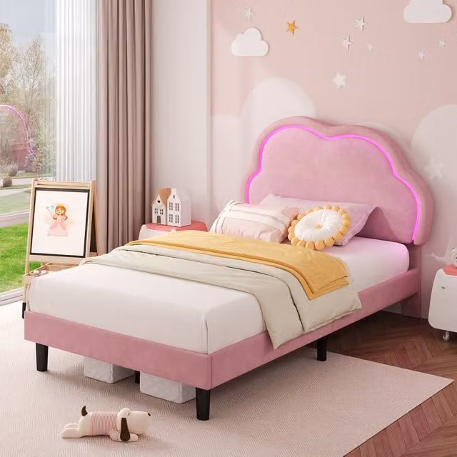 BTM Single Upholstered Velvet Bed Frame with LED Adjustable Headboard and Under-bed Lighting, Pink, W/D/H: 90 x 190 x 113 cm
