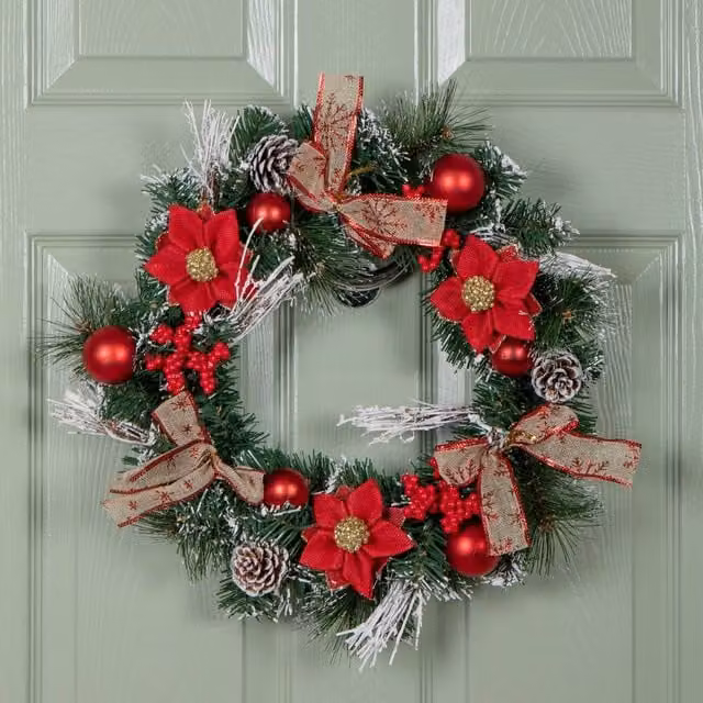 Samuel Alexander 40cm Christmas Wreath with Snow Tipped Branches, Red Berries, Baubles and Bows in Red and Green – 1