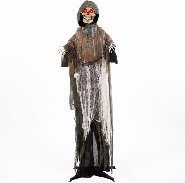 HOMCOM 170cm Animated Grim Reaper Halloween Animatronic with Moving Hands, Head, Glowing Eyes and Sound in Black and Red – 1