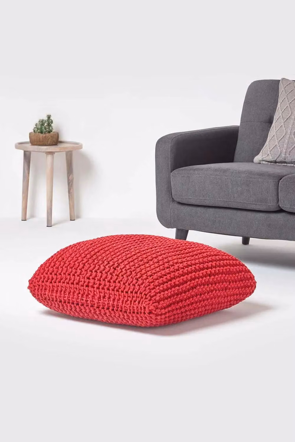 Homescapes Square Cotton Knitted Pouffe Floor Cushion in Red – 2