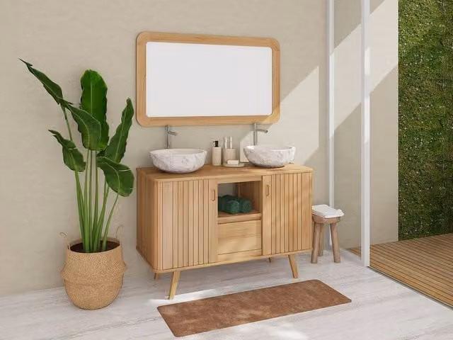 Vente-unique WAMENA Freestanding Teak Bathroom Vanity Unit in Light Oak – 1