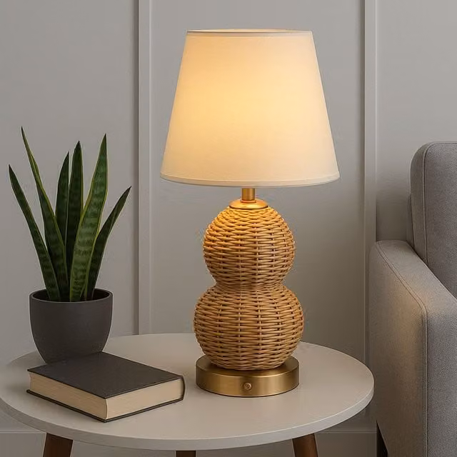 Lighting Collection Rechargeable Rattan Table Lamp in Brown and Gold/Brass – 1