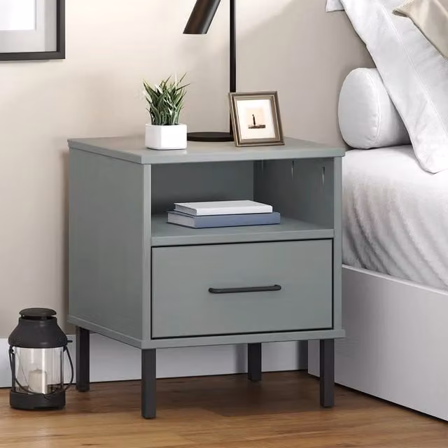 Berkfield Home Oslo Bedside Cabinet in Grey Solid Pine Wood with Metal Legs – 1