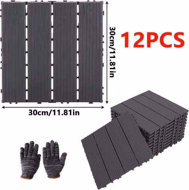 PAWNORA Grey Heavy Duty Anti Slip Deck Tiles, 12 Pack, W/D: 30 x 30 cm